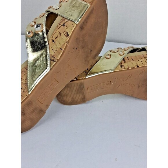 Womens Kenneth Cole Reaction Sandles with Gold Jewels & Cork Wedge 7M 2in Heels. - Picture 5 of 8